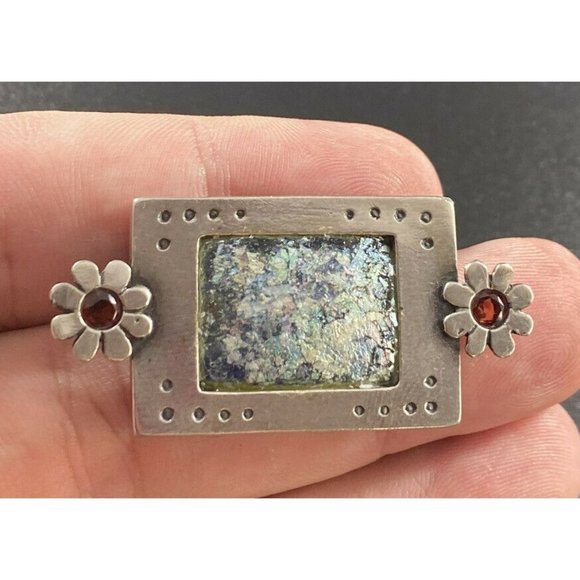 VTG Pin Aqua Roman Glass Bruria Tamir Israel ancient Floral Sterling Brooch - Picture 4 of 5